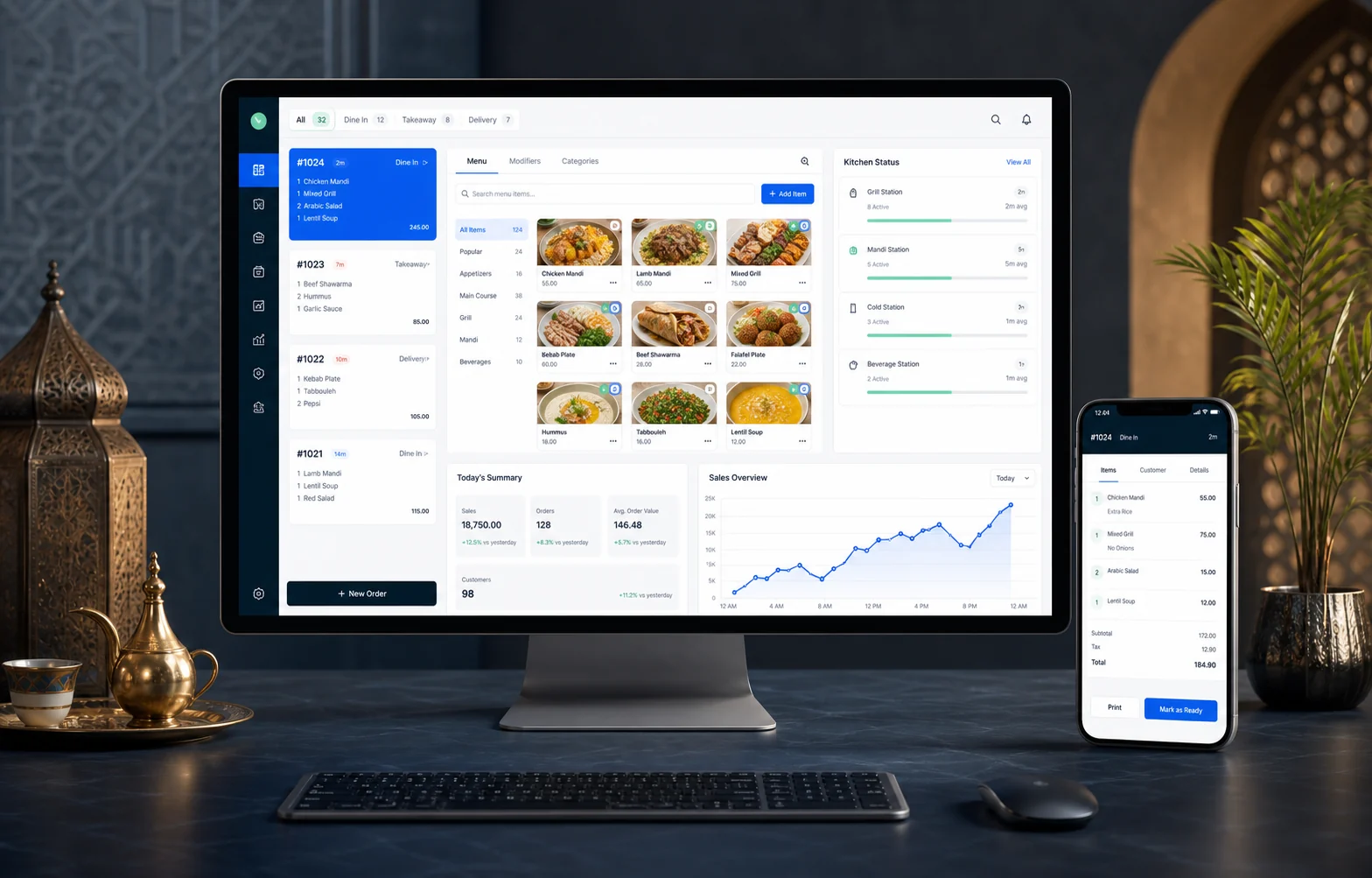Restiq operations screen showing orders, kitchen status and restaurant controls